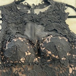 Betsy & Adam black lace dress, form fitting above knee